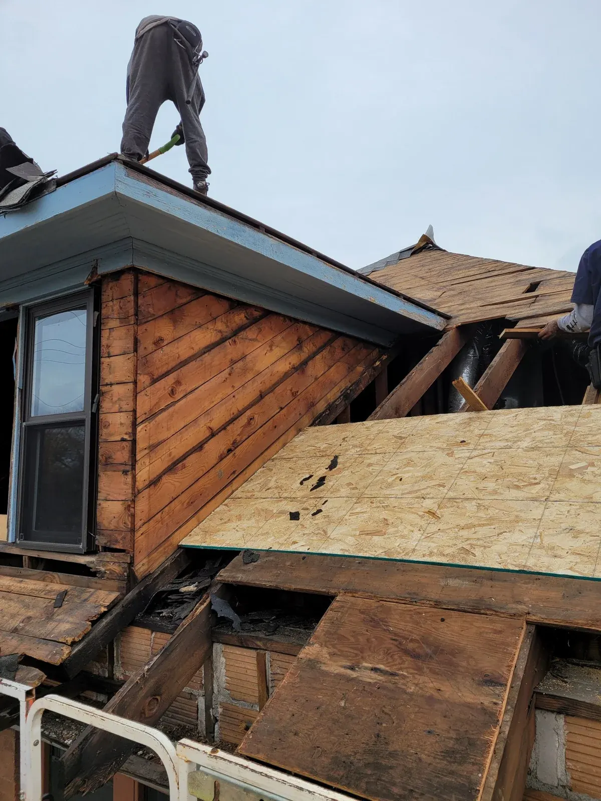 Roofer standing on roof edge during home repair and restoration work