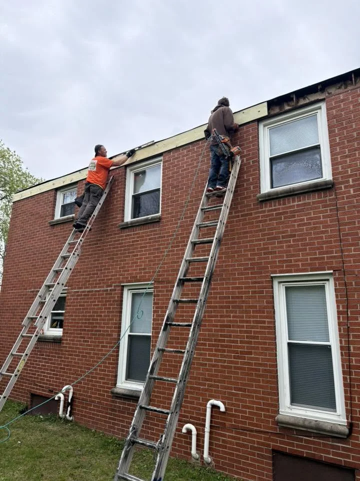 Two workers climbing ladders on brick building exterior during roof repair