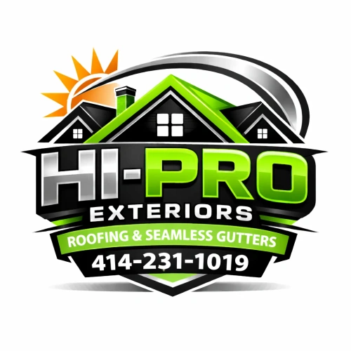 Hi-Pro Exteriors logo featuring house with green roof and phone number 414-231-1019